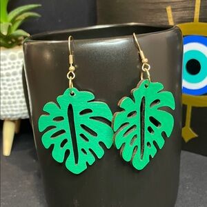 Tropical Green Leaf Wooden Hand-Painted Earrings